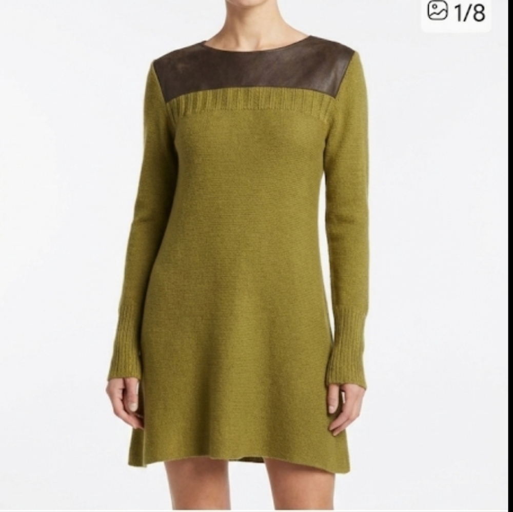 Santiago Knits Cashmere Blend Hand-Loomed Dress Olive Leather Trimmed 3/SM